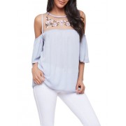 Embroidered Mesh Cold Shoulder Top - Top - $14.97  ~ 12.86€
