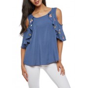 Embroidered Ruffled Cold Shoulder Top - Top - $12.99 