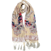 Exotic Chiffon / Velvet Butterfly Print Sequins Beaded Long Shawl Wrap Scarf - 6 color options Beige - Scarf - $34.00 