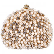Exquisite Intricate Pearl Beads Rhinestone Encrusted Closure Half-moon Hard Case Clutch Baguette Evening Bag Handbag Purse w/2 Chain Straps Gold - Clutch bags - $37.50 