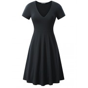 FENSACE with Pockets Womens V-Neck Short Sleeve Casual Flare Midi Dress - sukienki - $18.99  ~ 16.31€