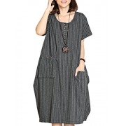 Fancy beautystyle Women's Asymmetrical Linen Tunic Stripe Dress With Pockets - 连衣裙 - $59.00  ~ ¥395.32