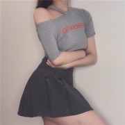 Fashion Off Shoulder Hole Short Letter Unilateral Off Shoulder Short Sleeve T-Sh - Košulje - kratke - $21.99  ~ 139,69kn