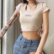 Fashion print straps stitching exposed navel T-shirt - Shirts - $19.99 