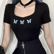 Fashion square collar butterfly print t-shirt black top - Košulje - kratke - $19.99  ~ 126,99kn