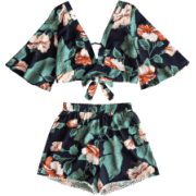 Floral Cropped Top And Lace Trim High Wa - Spodnie - krótkie - $15.99  ~ 13.73€
