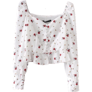 Floral Puff Sleeve High Waist Button Dow - Košulje - kratke - $29.99  ~ 190,51kn