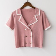 French double-breasted sweater female 2020 summer new design niche ice silk top - Shirts - $19.99 