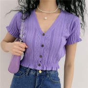 French retro V-neck short-sleeved sweater female fungus single-breasted short se - Camicie (corte) - $27.99  ~ 24.04€