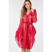 Fuchsia Side Tacking Waist Tie Mesh Coat - Kurtka - $100.65  ~ 86.45€