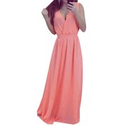 Fulok Womens Deep V Neck Elastic Waist Sleeveless Chiffon Maxi Dress - Dresses - $25.10 