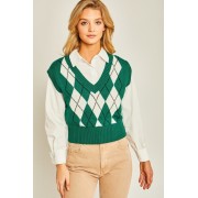 Green Argyle Print Sweater Vest - Pullovers - $34.10 