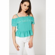 Green Square Neck Cold Shoulder Blouse - My look - $43.00 