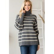 Grey Heavy Knit Striped Turtle Neck Knit Sweater - Pullovers - $52.25 