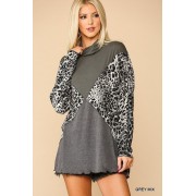 Grey Mix Solid And Animal Print Mixed Knit Turtleneck Top With Long Sleeves - Long sleeves t-shirts - $31.24 