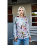 Grey Pink Flower Print Contrast Double Hood Sweater - Pullovers - $33.00 