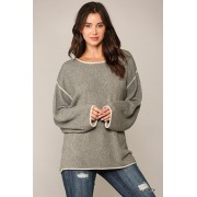 Grey Two-tone Sold Round Neck Sweater Top With Piping Detail - Pullovers - $39.16 