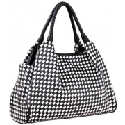 HITOMI Chic Everday Black / White Woven Weave Checkered Top Double Handle Shopper Tote Hobo Shoulder Bag Satchel Purse Handbag - Hand bag - $35.50 