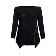HOTAPEI Women's Blouses Off The Shoulder Fit Long Sleeve Asymmetric Hem Zipper Embellished Tops and T Shirts - Shirts - $16.99 