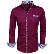 HOTOUCH Men's Casual Regular Fit Button Down Dress Shirt Cotton Long Sleeve Solid Oxford Shirts Burgundy L - Shirts - $21.99 