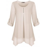 Hibelle Flowy Shirts for Women, Ladies Round Neck Tops Long Sleeve Cuffed Loose Lightweight Tunic Stylish Cheap Breezy Relaxed Fit Blouses to Wear with Leggings Office Wear Beige XXL 2XL - Shirts - $45.99 