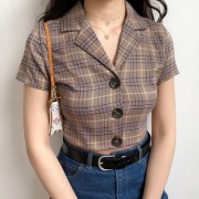 High waist open navel short plaid shirt female retro lapel short sleeve shirt - Košulje - kratke - $25.99  ~ 165,10kn