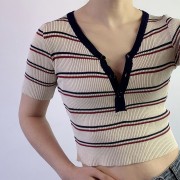 High waist summer button v-neck striped knitted thin top - Koszule - krótkie - $25.99  ~ 22.32€