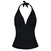Hilor Women's Plunging V Neck Halter Swim Tops Shirred Tankini Top - Swimsuit - $16.99 