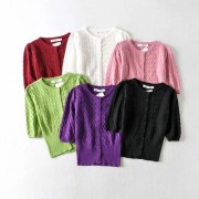 Hollowed waist small round neck knitted cardigan short sleeve T-shirt - Рубашки - короткие - $27.99  ~ 24.04€