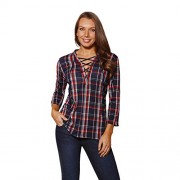 Hot From Hollywood Women's Lace Up Tie Collar Plaid Print Long Sleeve Loose Fit Casual Tunic Top - Košulje - kratke - $26.99  ~ 23.18€