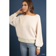 Ivory Puff Sleeve Boat Neck Sweater - Pullovers - $43.45 