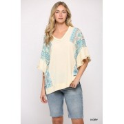 Ivory Texture Knit And Print Mixed Hi Low Hem Top - Tuniche - $66.00  ~ 56.69€