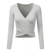 JJ Perfection Women's Long Sleeve Deep V Neck Unique Cross Wrap Crop Top - Košulje - kratke - $9.99  ~ 63,46kn