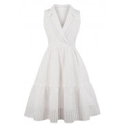 Killreal Women's Vintage Turn Down Collar V Neck Sleeveless Hollow Out Pleated Swing Dresses - sukienki - $15.00  ~ 12.88€
