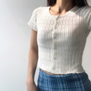 Knitted Cardigan Short-sleeved Sexy Hollow Wood Ear T-Shirt - Shirts - $25.99 