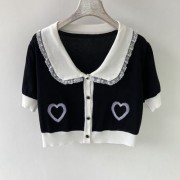 Knitted Love Embroidery Girl Lapel Lace Short Short-Sleeve Top - Košulje - kratke - $23.99  ~ 20.60€