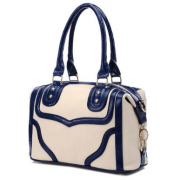 LACOLE Beige and Blue Accents Top Double Handle Doctor Style Office Tote Bowler Satchel Handbag Purse Convertible Shoulder Bag Beige - Hand bag - $29.50 