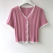 Lace-edged cotton soft soft knit hook flower cool summer short-sleeved short top - Shirts - $25.99 