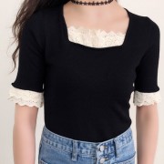 Lace-edged sweater Hepburn style five-point sleeve short-sleeved top - Koszule - krótkie - $25.99  ~ 22.32€