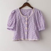 Lace embroidered square collar top women's summer 2020 new Korean design shirt - Shirts - $21.99 