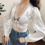 Lace stitching deep v-neck French retro - Рубашки - короткие - $26.99  ~ 23.18€