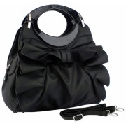 Large Bowknot Ruffle Double Handle Leatherette Satchel Hobo Handbag w/Shoulder Strap Black - Hand bag - $29.99 