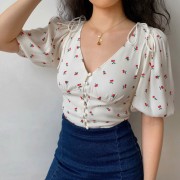 Large V-neck Cherry Rayon Shirt One-Breasted Comfortable Lantern Sleeve Shirt - Camicie (corte) - $35.99  ~ 30.91€