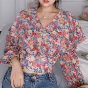 Large lotus leaf laminated floral V-neck shirt - Košulje - kratke - $27.99  ~ 177,81kn