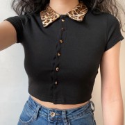 Leopard Collar Polo Collar Short Sleeve Top Women Short Navel T-Shirt Cardigan - Košulje - kratke - $19.99  ~ 126,99kn