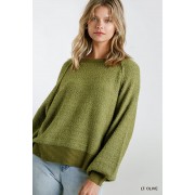 Light olive Puff Sleeve Boat Neck Sweater - Pullovers - $43.45 