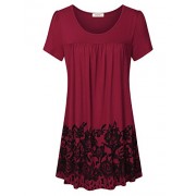 Lingfon Women's Scoop Neck Short Sleeve Casual Tunic Vintage Floral Bottom Pleated Shirts - Shirts - $39.99 