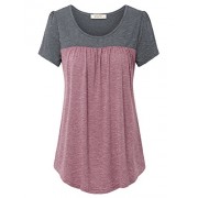 Lingfon Women's Short Sleeve Pleated Front Stitching Tunic Shirt Top - Shirts - $16.13 
