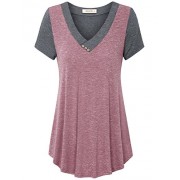 Lingfon Women's Short Sleeve V Neck Contrast Color Casual Shirt Flowy Tunic Top - Рубашки - короткие - $39.99  ~ 34.35€