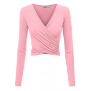 Lock and Love Women's Premium Short/Long Sleeve Deep V Neck Slim fit Cross Wrap Crop top Shirt-Made in USA - Camisas - $14.95  ~ 12.84€
